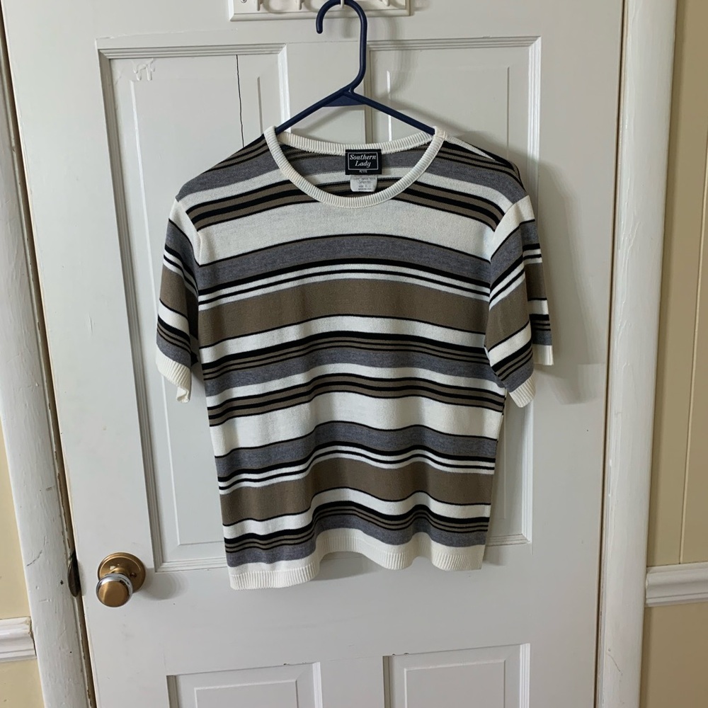 Southern Lady women’s  Striped Knit Top in White, Gray & Brown